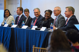 Panelists enjoy a laugh during the 2017 UM Town Hall. Photo by Robert Jordan/Ole Miss Communications