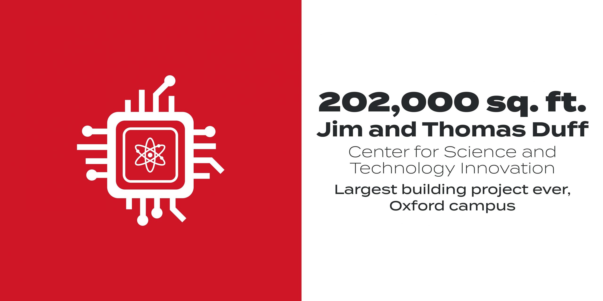 Line drawing of computer chip with an atomic symbol, text says 202,000 sq. ft. Jim and Thomas Duff Center for Science and Technology Innovation Single largest construction, Oxford campus